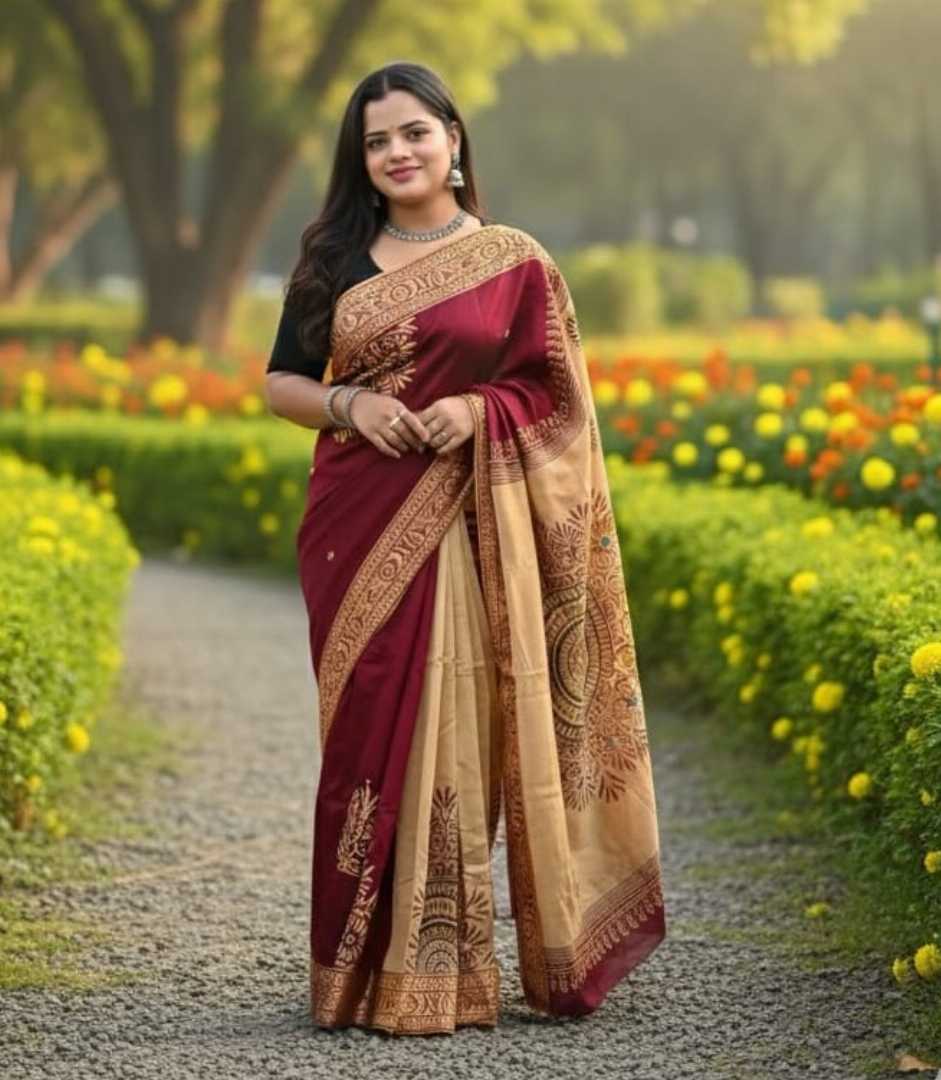 এমব্রয়ডারি ও ব্লক প্রিন্ট করা ধুপিয়ান সিল্কের শাড়ি