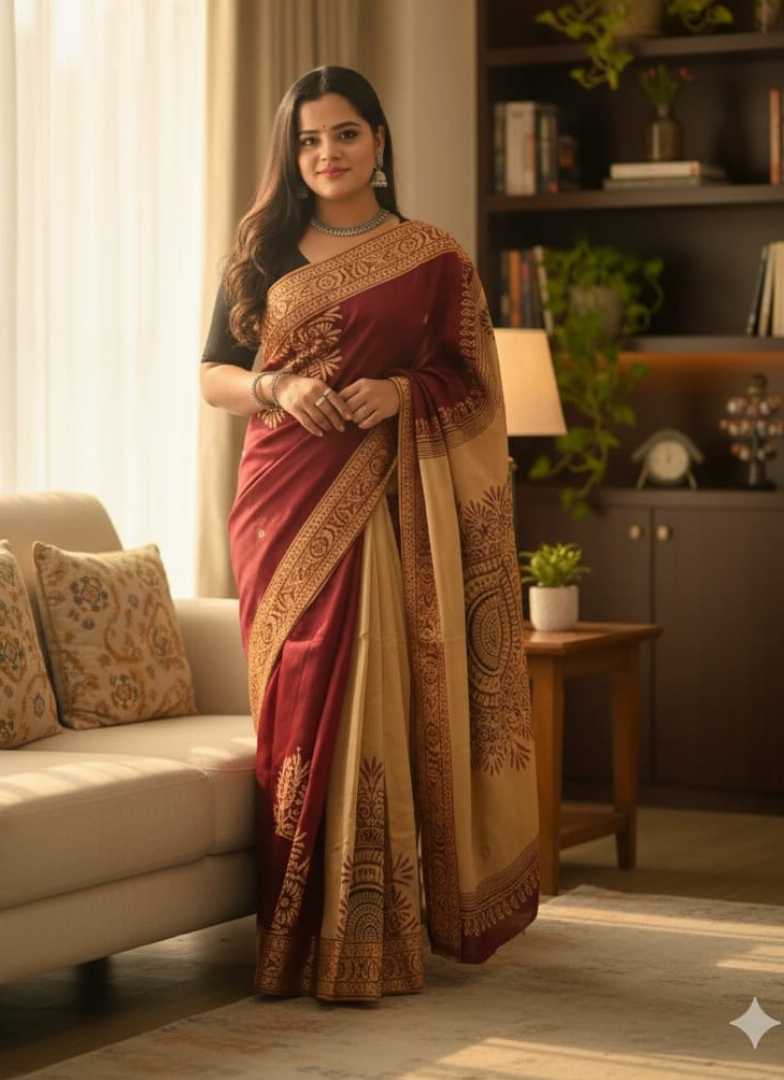 এমব্রয়ডারি ও ব্লক প্রিন্ট করা ধুপিয়ান সিল্কের শাড়ি